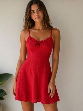 Old Navy Red Spaghetti Strap Linen Blend Mini Dress with Front Tie